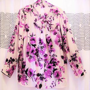 CALVIN KLEIN Women Bow Blouse white/purple, long cuff sleeves, 2X